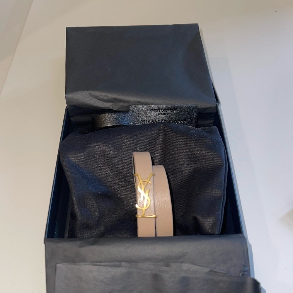 Yves Saint Laurent Beige Leather Double Wrap Bracelet w/ Gold logo
